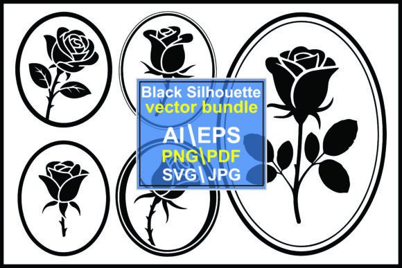 Five Black Rose Silhouettes Oval Frames Graphics & Illustrations