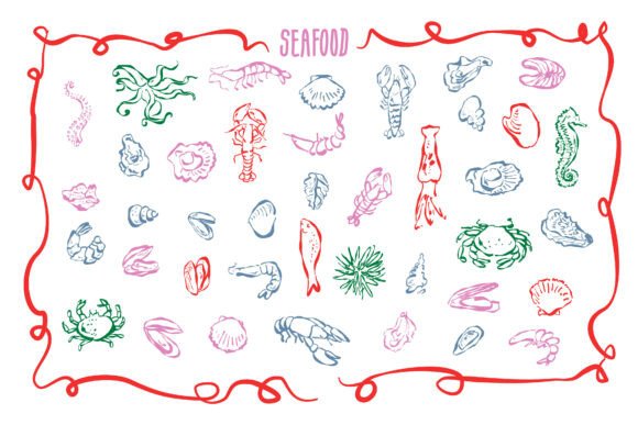 Hand Drawn Seafood Assortment Graphics & Illustrations