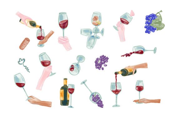 Hand-Drawn Wine Glasses, Bottles: Editorial Graphics & Illustrations