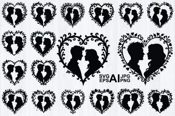 Silhouette Couple a Heart Shaped Frame Graphics