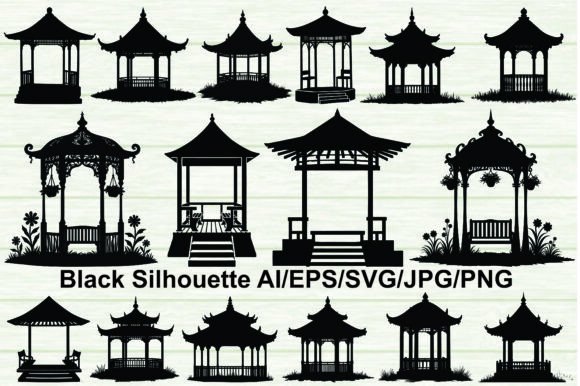 Silhouette Garden Gazebo Black Color Set: Graphics & Illustrations