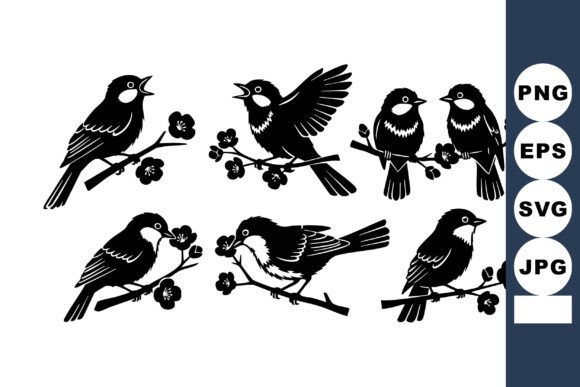 Small Birds on Flowering Branche: Graphics & Illustrations