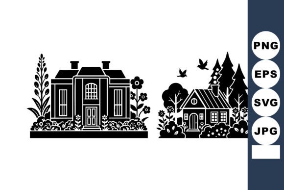 Two Charming Black Silhouette Houses Wit Graphics